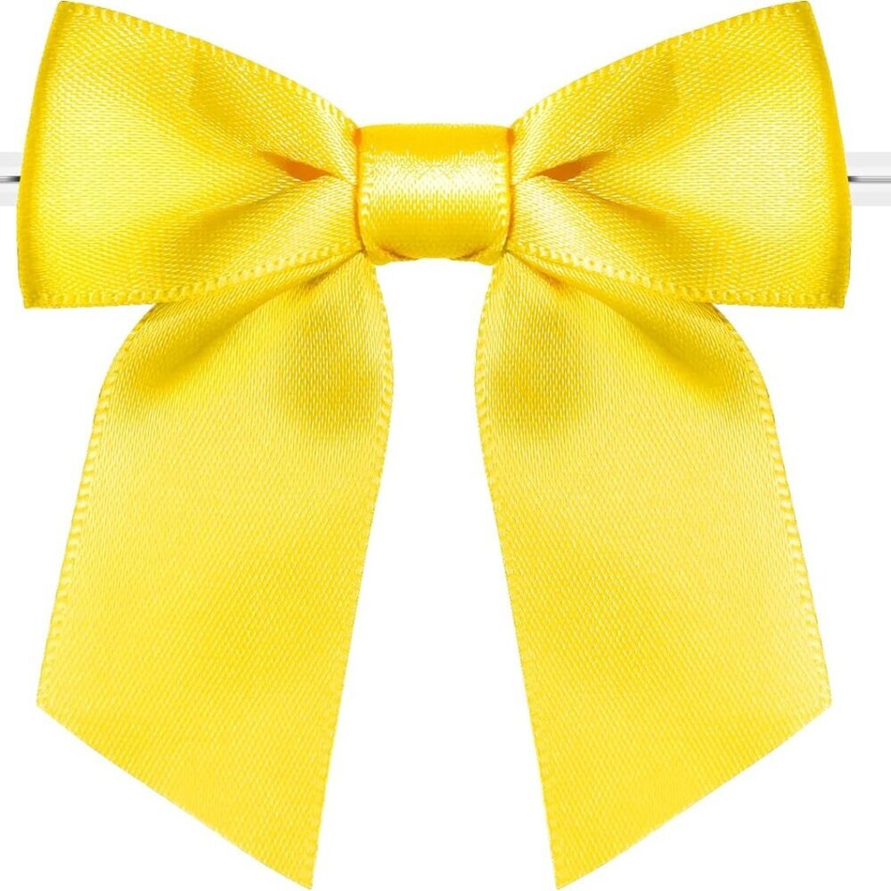 60 Pack Luxury Twist Tie Bows, Yellow 3" Satin Ribbon Pretied Bows, Premade Craf